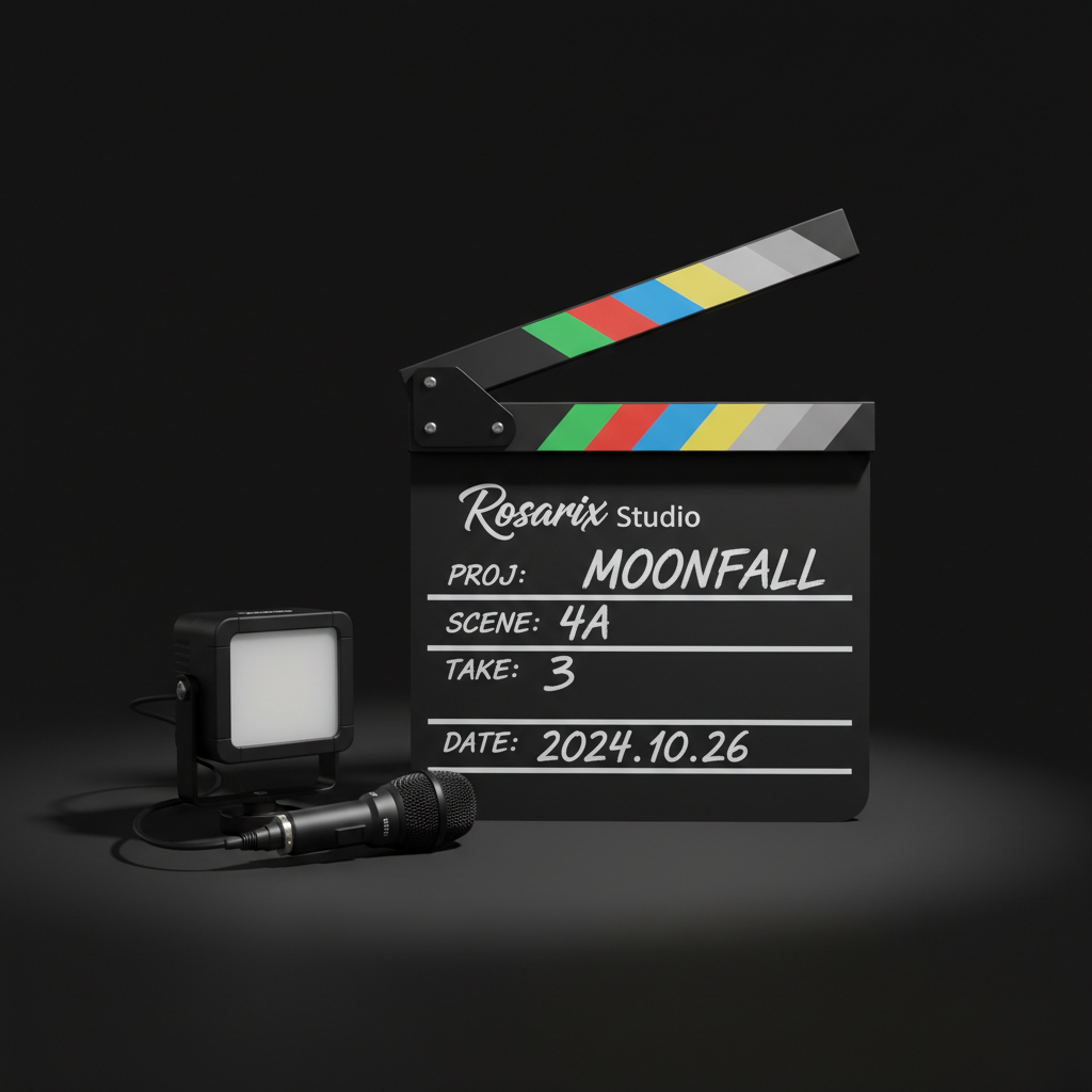 A detailed close-up of a branded slate clapperboard labeled “Rosarix Studio” resting upright against a smooth matte-black backdrop. The clapper’s colored stripes are crisp and vibrant, while white handwritten-style text marks scene and take details, suggesting an active shoot. To one side, a small LED on-camera light and a compact shotgun microphone lie carefully arranged, their metal and rubber textures clearly defined. A focused beam of soft studio light from the left creates dramatic highlights along the clapper’s edges and gentle shadows that fall diagonally across the backdrop. Shot with a shallow depth of field in photographic realism, the background fades to pure black, creating a bold, high-contrast, professional mood ideal for a brand logo or section divider image on a film studio website.