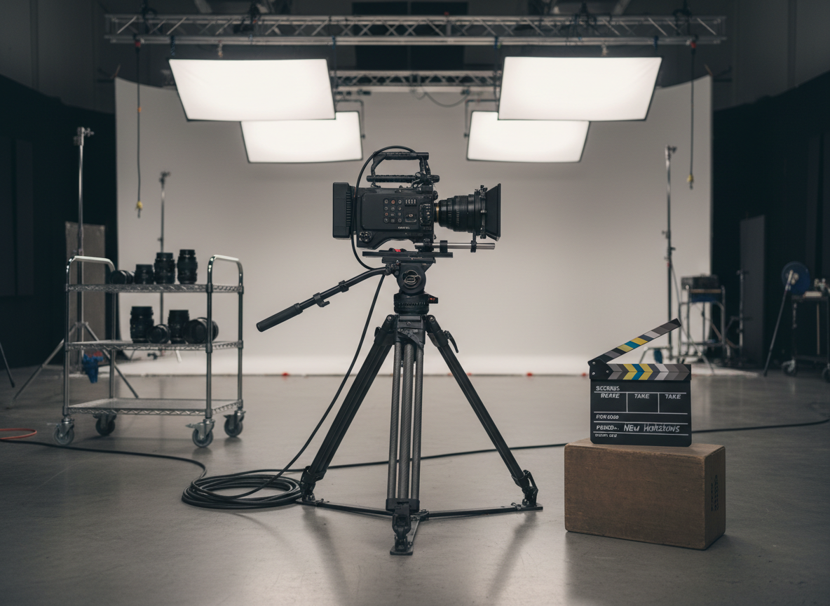 A sleek black cinema camera with a matte finish and detailed control buttons is mounted on a sturdy carbon fiber tripod at the center of a polished concrete studio floor. Around it, neatly coiled cables, a clapperboard resting on an apple box, and an array of lenses on a steel cart suggest an active production environment. Overhead, softbox studio lights cast a clean, diffused illumination that creates gentle reflections on the camera body and subtle shadows on the floor. Shot at eye level with a shallow depth of field, the background dissolves into a tasteful blur of light stands and sound panels. The mood is professional, focused, and cinematic, rendered in sharp photographic realism suitable for a film production studio homepage hero image.