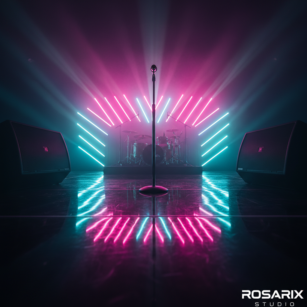 A dynamic, empty concert stage prepared for a music video shoot, featuring a glossy black floor reflecting an elaborate rig of colored LED tubes arranged in a V-shape behind a central, unoccupied mic stand. Two large speaker cabinets flank the scene, and a drum kit silhouette is barely visible in the hazy background. Atmospheric fog diffuses intense magenta and cyan stage lights, creating glowing light rays that converge toward the center. Shot from a low, wide-angle position, the composition emphasizes depth and energy, with sharp focus on the foreground and gradual softening into the distance. The mood is bold, vibrant, and cinematic, evoking high-impact music video production while maintaining a polished, professional photographic realism suitable for showcasing Rosarix Studio’s creative capabilities.