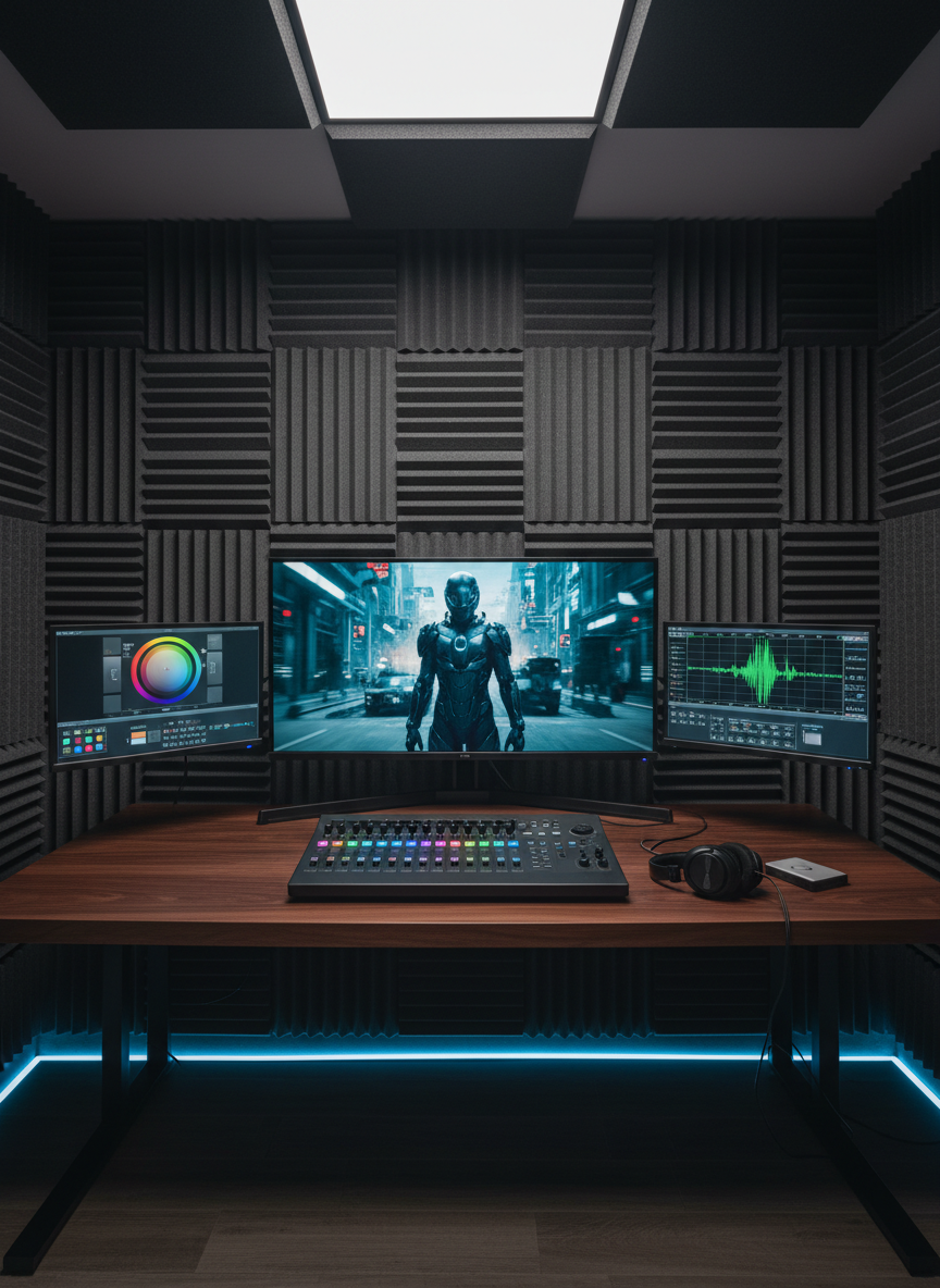 A minimalist, high-end editing suite featuring a wide, ultra-thin 4K monitor displaying a paused cinematic frame, surrounded by dual reference screens with color grading wheels and waveform scopes. A low-profile control surface with glowing RGB dials and sliders rests on a dark walnut desk, beside over-ear studio headphones and a compact external SSD. The room’s walls are lined with charcoal acoustic panels, and a subtle LED strip along the desk edge adds a cool blue accent. Soft, controlled overhead lighting and the monitor glow create a refined, focused atmosphere. Captured from a slightly elevated angle with moderate depth of field, the composition feels clean, modern, and technologically sophisticated, emphasizing professional post-production for brands, events, and music videos in photographic realism.