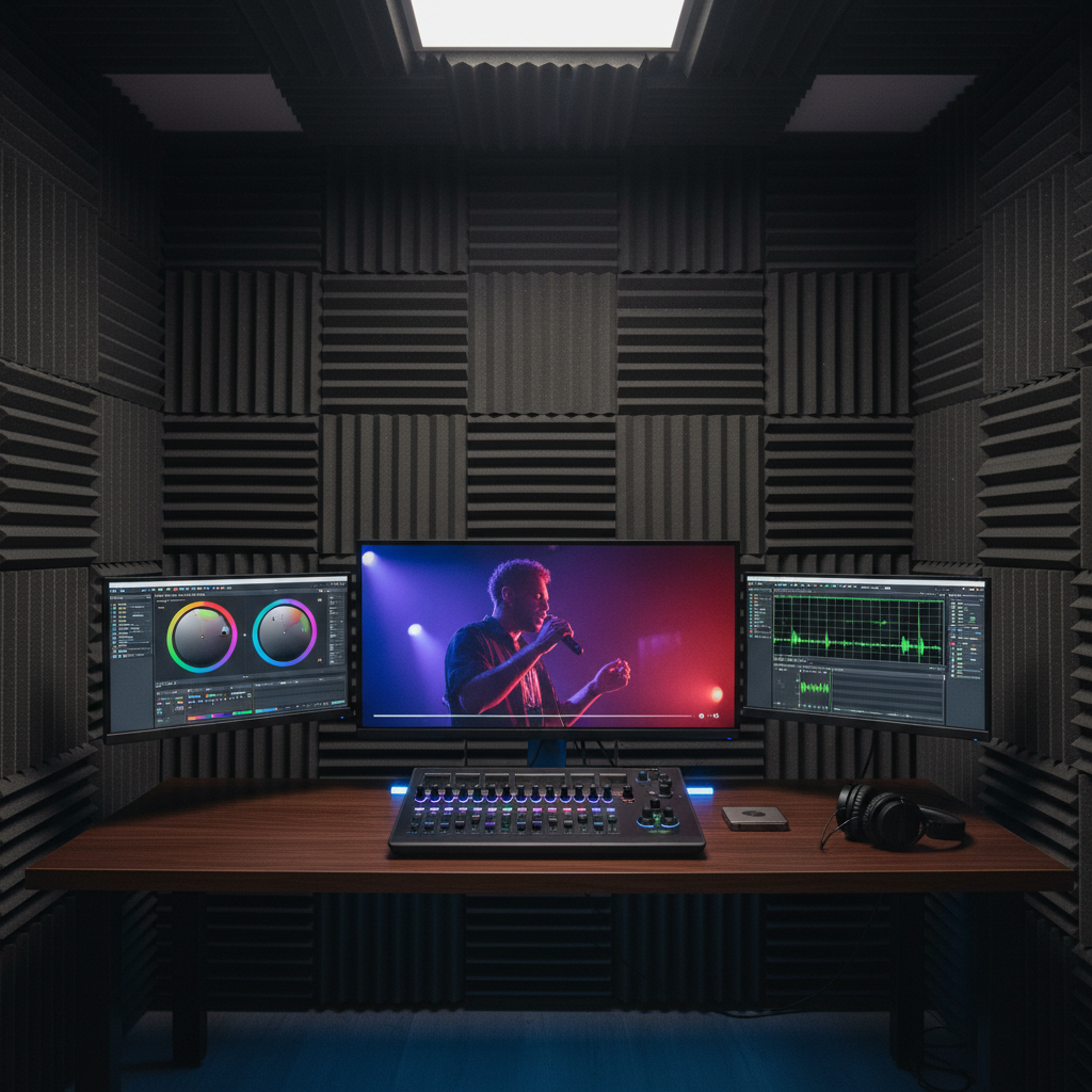 A minimalist, high-end editing suite featuring a wide, ultra-thin 4K monitor displaying a paused cinematic frame, surrounded by dual reference screens with color grading wheels and waveform scopes. A low-profile control surface with glowing RGB dials and sliders rests on a dark walnut desk, beside over-ear studio headphones and a compact external SSD. The room’s walls are lined with charcoal acoustic panels, and a subtle LED strip along the desk edge adds a cool blue accent. Soft, controlled overhead lighting and the monitor glow create a refined, focused atmosphere. Captured from a slightly elevated angle with moderate depth of field, the composition feels clean, modern, and technologically sophisticated, emphasizing professional post-production for brands, events, and music videos in photographic realism.