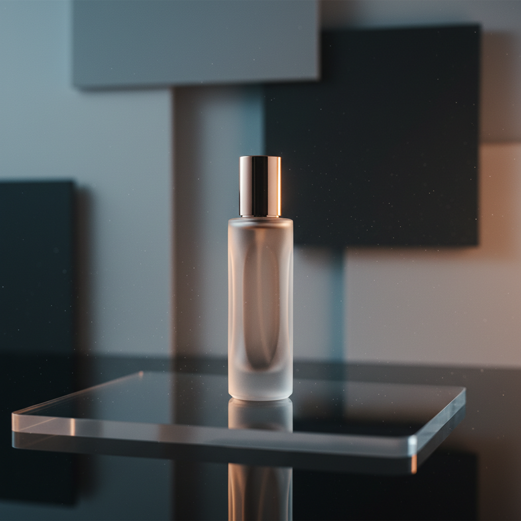 An elegant product shoot setup designed for a premium brand commercial: a single glass perfume bottle with frosted sides and a metallic rose-gold cap placed on a glossy black acrylic surface. Behind it, abstract geometric panels in soft gray and deep charcoal create a layered backdrop. Two carefully positioned light sources—one cool, diffused key light from the left and a warm backlight from the right—create controlled reflections, subtle gradients on the glass, and a delicate rim light outlining the bottle. Fine mist particles are faintly visible, catching the light and adding a sense of motion. Captured in a tight, cinematic frame with a low-angle perspective and shallow depth of field, the composition feels luxurious, precise, and tailored for high-end brand film production in clean photographic realism.
