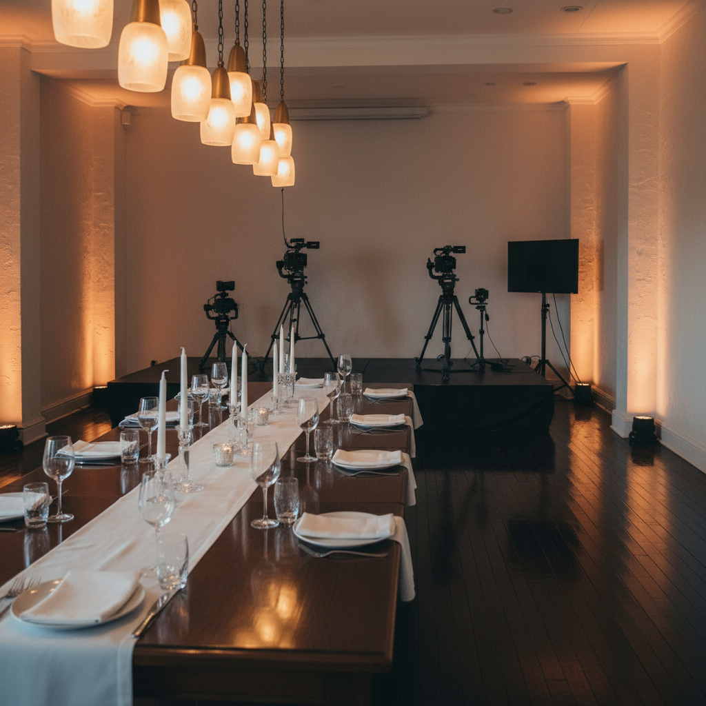 An upscale event venue interior captured as if prepared for a cinematic coverage: a long, elegantly set table with crystal glassware and minimalist white place settings reflects warm, golden pendant lights overhead. The polished dark wood floor leads the eye toward a slightly elevated stage area equipped with unmanned cameras on gimbals, neatly placed on sleek black tripods. Along the side walls, subtle uplighting in amber tones adds depth and sophistication. The lighting is soft and flattering, with gentle highlights on glass surfaces and calm, controlled shadows. Photographed at eye level with a moderate wide-angle lens, the composition balances the table in the foreground and the technical gear in the background, conveying a refined, professional atmosphere ideal for event film production in realistic, clean photographic style.