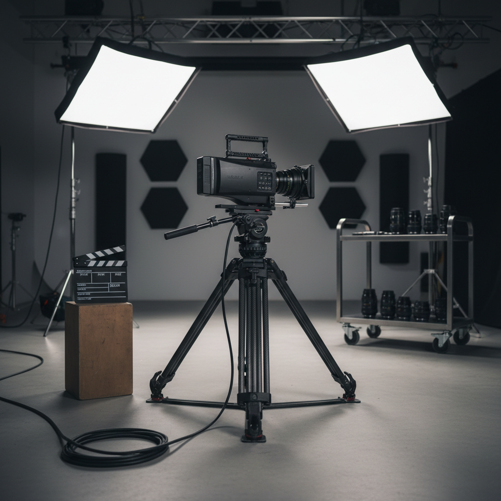 A sleek black cinema camera with a matte finish and detailed control buttons is mounted on a sturdy carbon fiber tripod at the center of a polished concrete studio floor. Around it, neatly coiled cables, a clapperboard resting on an apple box, and an array of lenses on a steel cart suggest an active production environment. Overhead, softbox studio lights cast a clean, diffused illumination that creates gentle reflections on the camera body and subtle shadows on the floor. Shot at eye level with a shallow depth of field, the background dissolves into a tasteful blur of light stands and sound panels. The mood is professional, focused, and cinematic, rendered in sharp photographic realism suitable for a film production studio homepage hero image.